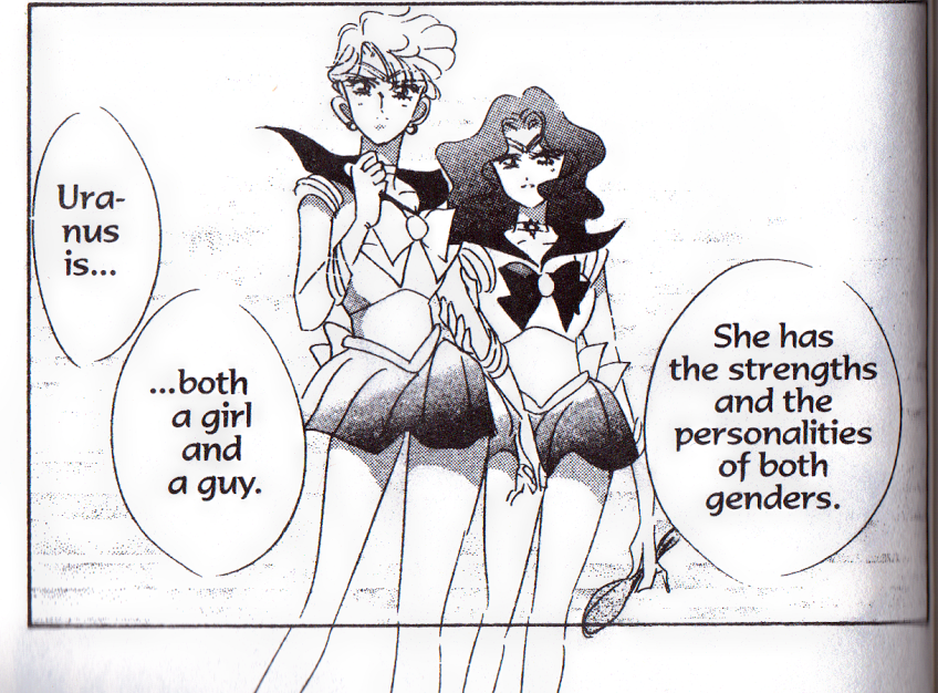 Due personaggi i una tavola di un manga. I fumetti dicono "Uranus è sia una ragazza sia un ragazzo"